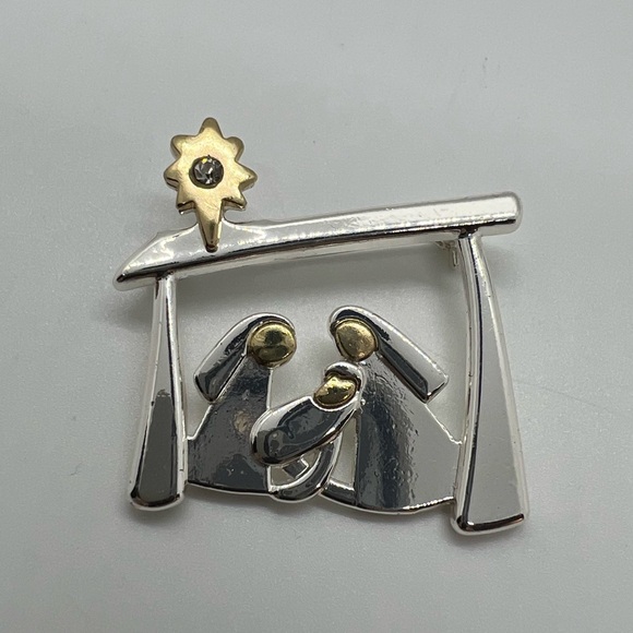 VINTAGE CHRISTMAS NATIVITY SCENE BROOCH Rhinestone Star - Picture 2 of 7